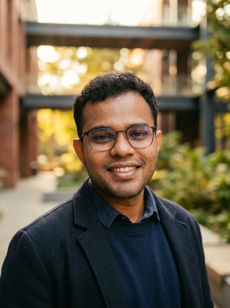 Jay smiling outdoors in warm golden light, wearing glasses and a dark jacket