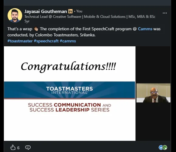 LinkedIn post celebrating the completion of the first SpeechCraft programme at Camms