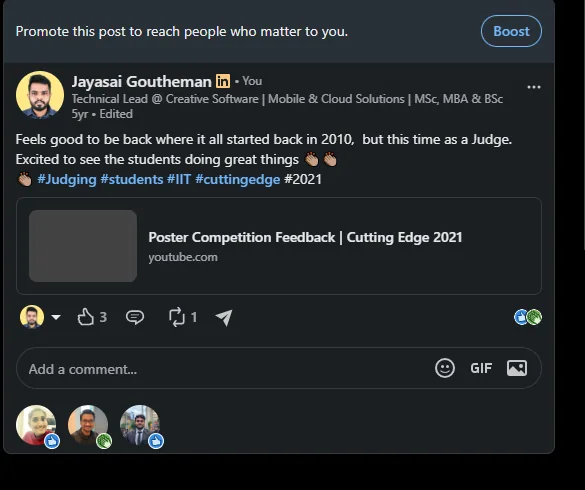 Jay's LinkedIn post about returning to IIT as a judge for Cutting Edge 2021