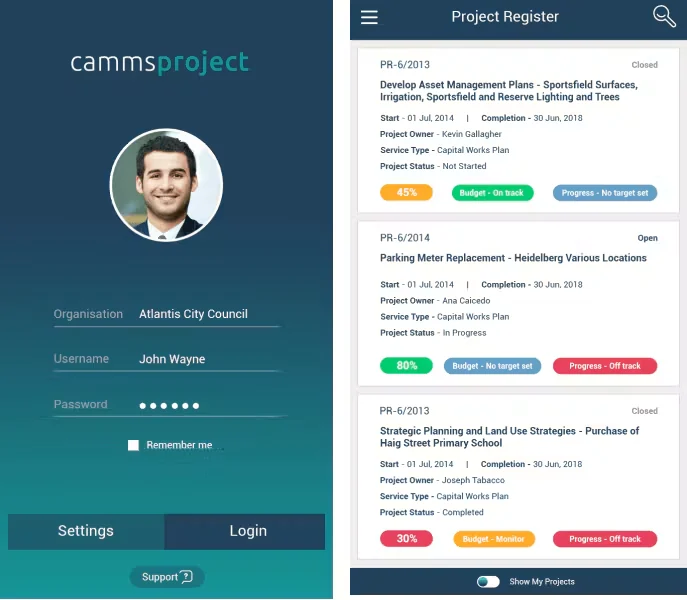 Camms.Project mobile app showing the login screen and a project register with budget and progress status tags
