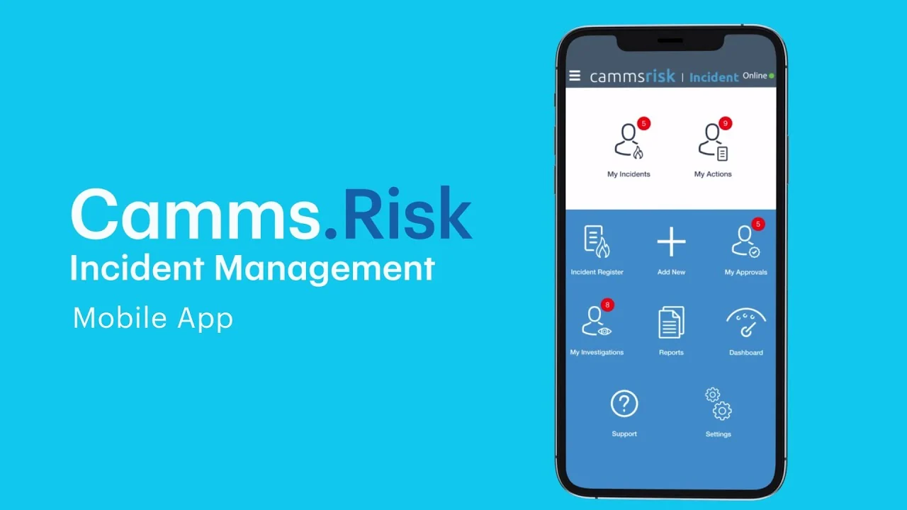 Camms.Risk Incident Management mobile app home screen with tiles for incidents, actions, approvals, investigations, reports and dashboard