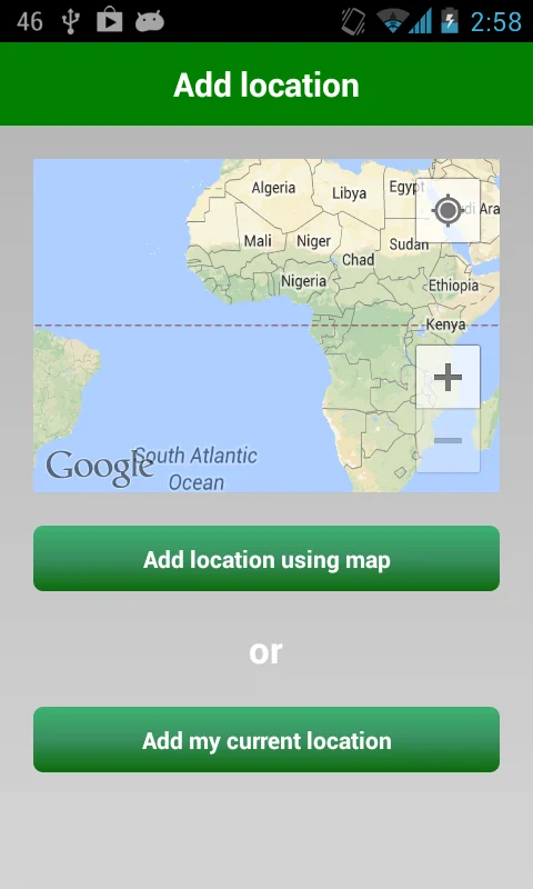 Add location screen with a map and buttons to add a location using the map or the current location