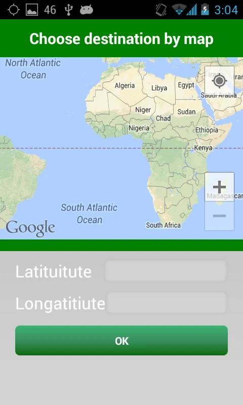 Choose destination by map screen showing a world map with latitude and longitude fields