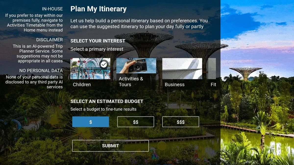 Hotel TV screen titled Plan My Itinerary, letting guests pick an interest such as Children, Activities and Tours or Business, and a budget