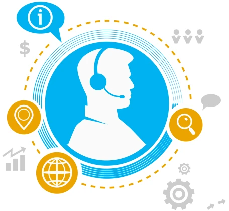 Illustration of a support agent wearing a headset, surrounded by icons for information, location, search, web and settings